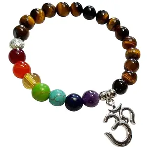 RRJEWELZ Natural 7 Chakra Stone & Tigers Eye 8mm Round Shape Smooth Cut Beads 7 Inch Stretchable Bracelet For Men & Women. Unisex Bracelet For Healing, Meditation, Prosperity & Luck|STBR_RR_09650_7.0