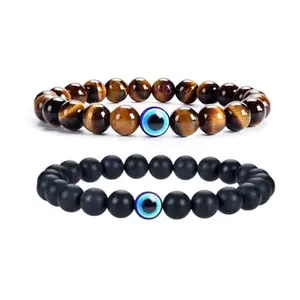Hot And Bold Evil Eye Beads Couple Bracelet - Original Natural Gemstones for Protection and Harmony (Matt Onyx & Tiger Eye)
