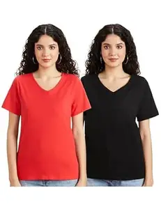 Amazon Brand - Symbol Women's Cotton Stretch Regular Fit V Neck Half Sleeve T-Shirt (Available in Plus Sizes)