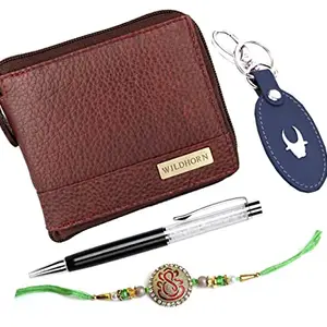 WildHorn Rakhi Gift Hamper for Brother - Classic Men's Combo/Gift Set of Leather Wallet, Keyring, Pen and Rakhi for Brother/Bhaiya. (Maroon TGRN)