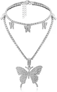 Woman Fashion Cuban Link Chain Rhinestone Inspired Jewellery Women Crystal Tennis Pendant Butterfly Charms Necklace | Valentines Day Gift for Her