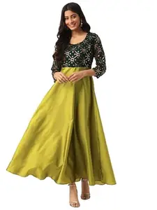 Deewa Women's Georgette Embroidry Print Maxi Dress, Regular Fit A-Line, Dress, Round Neck (Bottle Green, L)