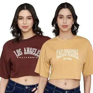 TREND LEVEL Stylish Women Crop Top with Short Sleeves |Trendy Tshirt for Office Wear/Casual Wear/Girls(Pack of 2 (Crop Tshirt TL088-TL089) Brown