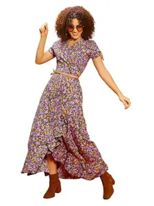 SERA Women's Polyester Fit and Flare Maxi Dress (LA2559- Multi Multicolour