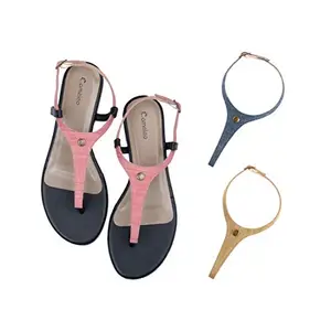 Cameleo -changes with You! Cameleo -changes with You! Women's Plural T-Strap Slingback Flat Sandals | 3-in-1 Interchangeable Strap Set | Dark-Pink-Dark-Blue-Light-Blue