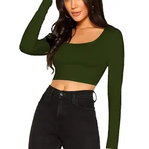 Women's Comfy Cotton Full Sleeves Tops Scoop Neck Crop Top Women L326 1059 (XL, AGR)