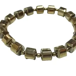 MAGIC GEMS Golden Color Bracelet AAA+++ Grade Pyrite Stone Bracelet Cube Desgin Beads Bracelet पाइराइट स्टोन ब्रेसलेट For Men Women Strechable Elastic Bracelet With Igl Lab Tested Report