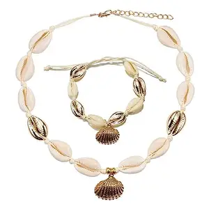 fabula Jewellery White & Gold Sea Shell Bohemian Beachwear Fashion Choker Necklace & Anklet For Women & Girls Stylish Latest (AFJ5NYJ111_AFR1)