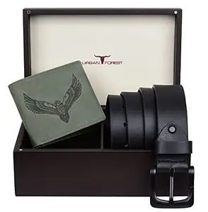 URBAN FOREST Zeke Vintage Green Leather Wallet & Casual Black Leather Belt Combo Gift Set for Men - Packed in Premium Wooden Box for Gifting