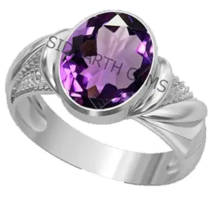 SIDHARTH GEMS 13.00 Ratti 12.00 Carat Amethyst Silver Plated Ring Katela Ring Original Certified Purple Natural Jamuniya Stone Ring Astrological February Birthstone Adjustable Ring Size 16-24