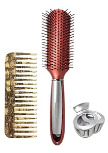 BigBro Hair Brush Curved(1pc) Wooden finish Plastic Wide Teeth Comb(1pc) Hair Clutcher(1pc) for Hair Styling for Girls Women and Men (Super Saver Combo)