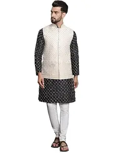 SOJANYA (Since 1958 Men's Silk Blend Black Kurta and Off-White Pyjama With Cream Nehru Jacket