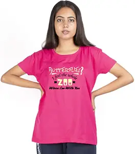 URBE Printed Tshirt for Women (Large, Dark Pink)
