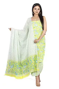 Kwatchi Women's Jaipuri Floral Print Pure Cotton Unstitched Salwar Suit Dress Material (Lemon Yellow)