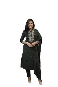 THE MIM STUDIO Women's Cotton Embroidery Straight Kurti Pant with Dupatta Set