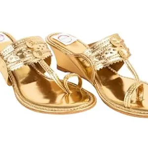 Dhaga Kolhapuri Womens Sandal for Women in Gold Color | Smooth & Comfortable Flip Flops | Stylish Faux Leather Womens Kolhapuri Sandal | Traditional Indian Footwear