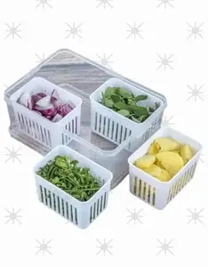 Fridge Storage Organizer Box Set for Vegetable | Drain Cup 4 in 1 Grid Removable Fridge Storage Boxes for Chopped Vegetables |Design - 538 Food Storage Containers