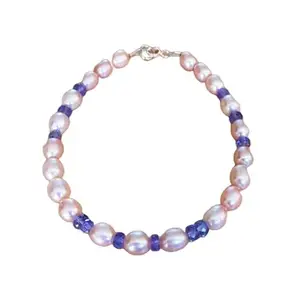 LKBEADS Freshwater Pearl & Tanzanite bracelet with Silver clasp - 3-6mm Rondelle & Oval beads- Faceted & Smooth Cut -7 Inch Bracelet– Healing, Fashion, Gift, Spiritual, Yoga|LK_STACK_07618