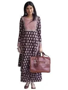 ANNI Designer Women's Viscose Blend Straight Printed Kurta with Palazzo | Ethnic Indian Kurta Set | Full Sleeve Round Neck Traditional Dress | Office Festive Occasion Outfit