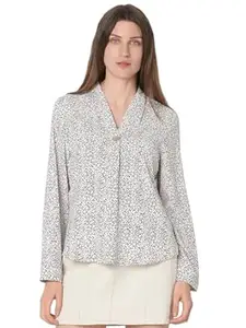 VERO Moda Women Polyester Regular Fit Printed V-Neck Top | Button Detailing| Long Sleeves with Cuffs|Day to Evening