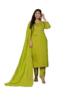 SAMRAGNI Women’s Elegant Straight Kurti Pant Dupatta Set | Viscose Silk Embroidered Kurta | Chanderi Silk Digital Print Dupatta
