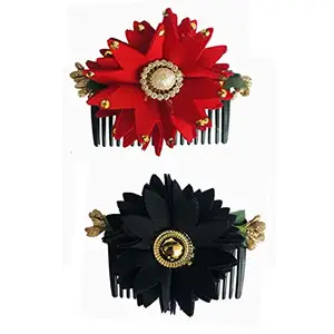 Arooman™ Artificial Flower Comb, Juda/Bun Comb, Side Comb, Floral Hair Comb (Color-Red And Black, Pack-02) M12190957
