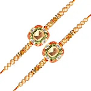 De Marquis 2 Designer Rakhi Sets | RG-01592 Pearl, Kundan, Mauli Thread Rakhee for Brother | Roli-Chawal | Best Wishes Greeting Card (Pack of 2 Rakhis)