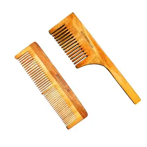 BlackLaoban Handmade Wooden Combs Big Size Kacchi Neem Wood Comb Set - Neem Comb Combo For Men & Women Hair Growth - Pack of 2 - Anti Dandruff, Detangling Hair Fall Control Kanghi Dual Tooth & Large Tooth