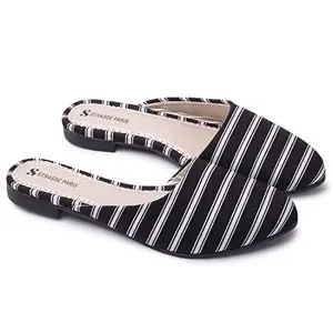 KLIEV PARIS Womens & Girls White Strip Black Mules Flats| Amazing Style Sandals Modern Design Flat Ballerinas | Office Wear, and Casual Wear.
