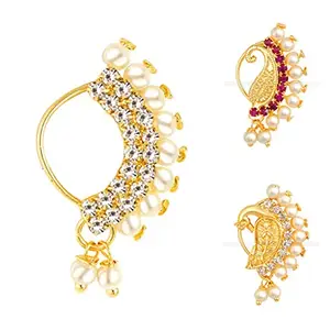 VFJ VIGHNAHARTA FASHION JEWELLERY Vighnaharta Non Piercing Gold Plated Mayur design with Pearls AD Stone Alloy Maharashtrian Nath Nathiya./ Nose Pin combo valentine day gift valentineday gift for her gift for him gift for women gift for women VFJ1011-1014-1015NTH-Press