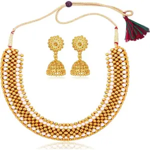 Heer Collection Traditional Wedding Maharashtrian Kolhapuri Thushi (Choker) Necklace Set Jewellery for Women and Girls (Combo Thushi 802 - Jhumki 1010)