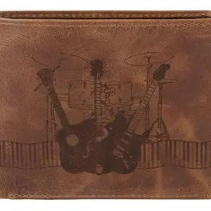 Karmanah Men's Sound of Music Guitar Engraved Leather Wallet for Musicians (Brown)