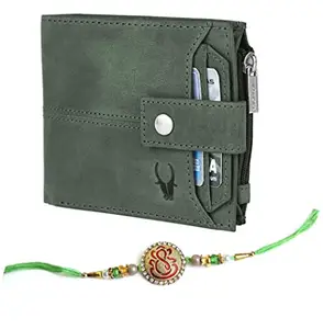 WildHorn Top Grain Leather Wallet for Men | Ultra Strong Stitching | Handcrafted | RFID Blocking | Zip Wallet with 9 Card Slots | 2 ID Slots (Green Wallet + Rakhi)