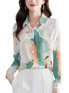 MY WESTERN HUB Women's Abstract Print Button Down Shirt, Long Sleeve, Casual Office Blouse Top
