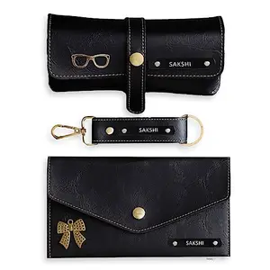 Homafy Slim Wallet Leather Gift Set for Women | Customized Eyewear, Keychain & Wallet | Birthday Gift for Her | Anniversary Gift, Valentines Gift, Rakhi Gift (Black)