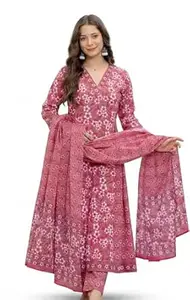 Aradhika Women's Printed Cotton Kurta with Pants and Dupatta