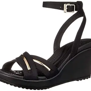 crocs Women's Leighii Metalblock Ankle WDG W Black/Champagne Fashion Sandals-5 UK (W7) (205565)