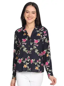 SHAYE Navy Blue Notch Collar Floral Print Full Sleeves Casual Shirts for Women