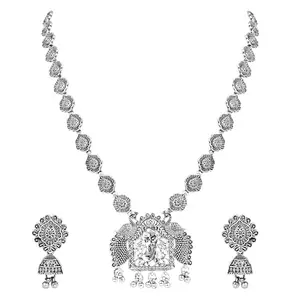 I Jewels Ethnic Silver Oxidised Peacock Design Long Necklace Jewellery With Jhumka Earrings Set For Women/Girls (MC156OX)
