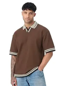 The Souled Store Oversized Polo: Russet Men and Boys Short Sleeve Spread Collar Textured Cotton Blend Everyday Oversized Polos