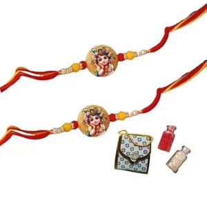 SWEKSHA CREATIONS Designer Resin Little Krishna Rakhi Set with Roli Chawal, 2 Rakhis for Kids and Brother, Blue