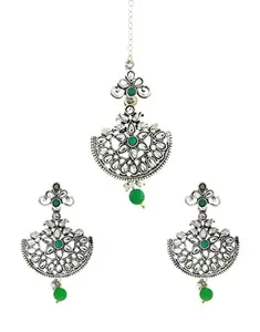 ANURADHA PLUS® Green Colour Long Earrings With Maang Tikka Combo Set|Silver jewellery|Fancy Long Earrings