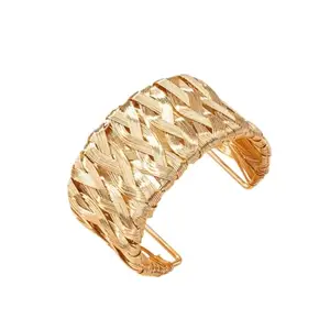 Karishma Kreations Vintage Geometric Metal Twisted Woven Open Wide Gold Plated Bracelet