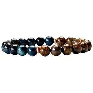 RRJEWELZ 8mm Natural Gemstone Blue Tigers Eye & Bronzite Round shape Smooth cut beads 7.5 inch stretchable bracelet for men. | STBR_RR_M_02294
