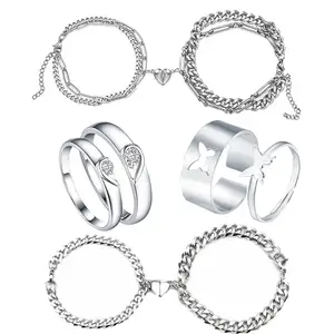 Fashion Frill Couple Bracelet Stainless Steel Heart Crystal Silver Finger Rings For Women Men Girls Couple Ring Set Jewellery
