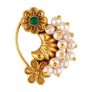 Vivastri Premium Gold Plated Nath Collection With Beautiful & Luxurious Green Diamond Pearl Studded Maharashtraian Nath For Women & Girls-VIVA1179NTH-Press-Green