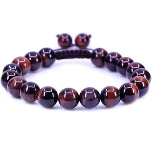 Lady Works Natural Red Tigers Eye Threaded Bracelet 10mm Round Smooth Beads Red Tigers Eye Adjustable Thread Bracelet. Unisex Macrame Yoga Bracelet.|LW_TDBR_1543