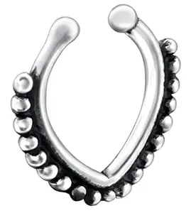 Via Mazzini 92.5-925 Sterling Silver Clip-On Patterned Nose Ring Hoop Bali for Women and Girls (NR0203) 1 Pc