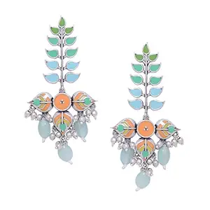 Voylla Traditional Brass Silver Oxidised plated Pastel Colourful Enamelled Embellished Leaf Design Beaded Long Dangle & Drop Earrings for Women and Girls
