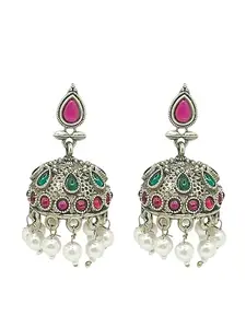 Femmibella Silver-Plated Stone-Studded & Beaded Jhumkas | Red & Green Earrings For Women and Girls
